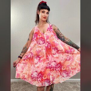 Y2K Retro 60s Vince Camuto A-line Dress Orange Pink Floral Pleats 6